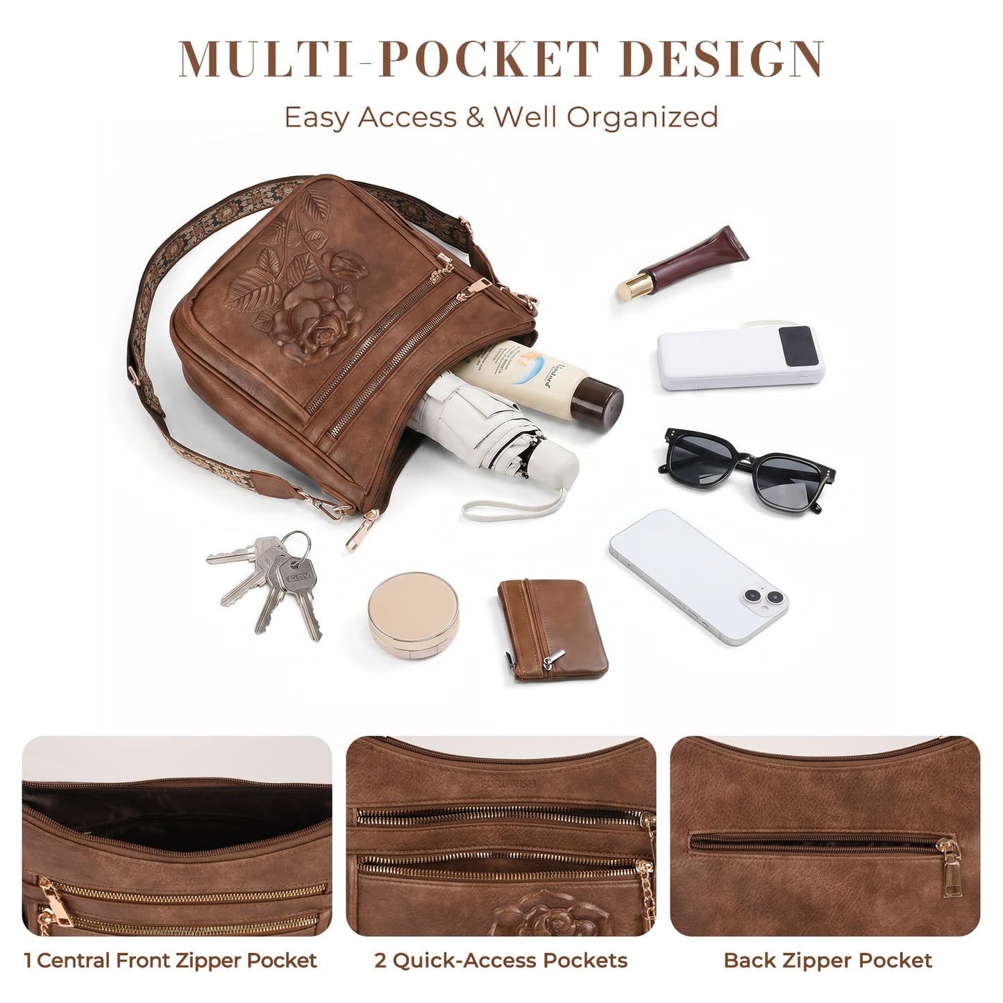 Crossbody Bags for Women, Vegan Leather Crossbody Purse, Multiple Pocket Daily Travel Shoulder Bag with Boho Strap