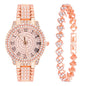 NEWITIN 2 Pieces Women Diamond Watch Bracelet Set Luxury Fashion Jewelry Cubic Zirconia Wristwatch Bracelet Gold Watch Jewelry Set for Women