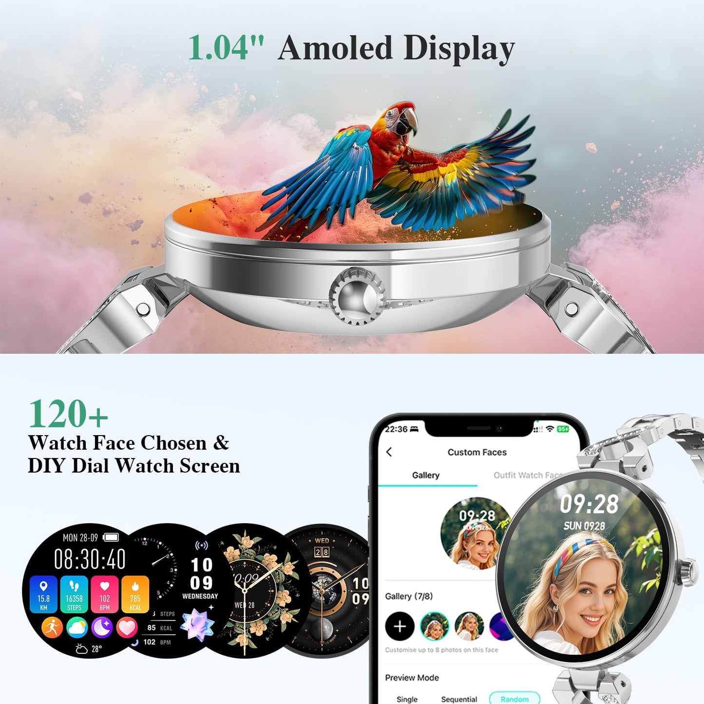 Smart Watches for Women, Answer/Make Call, 1.04'' AMOLED, 24H Sleep Tracker, Fitness Tracker with Heart Rate/Blood Pressure/SpO2/Stress Monitor, 100+ Sport Modes Waterproof Smartwatch for IOS Android