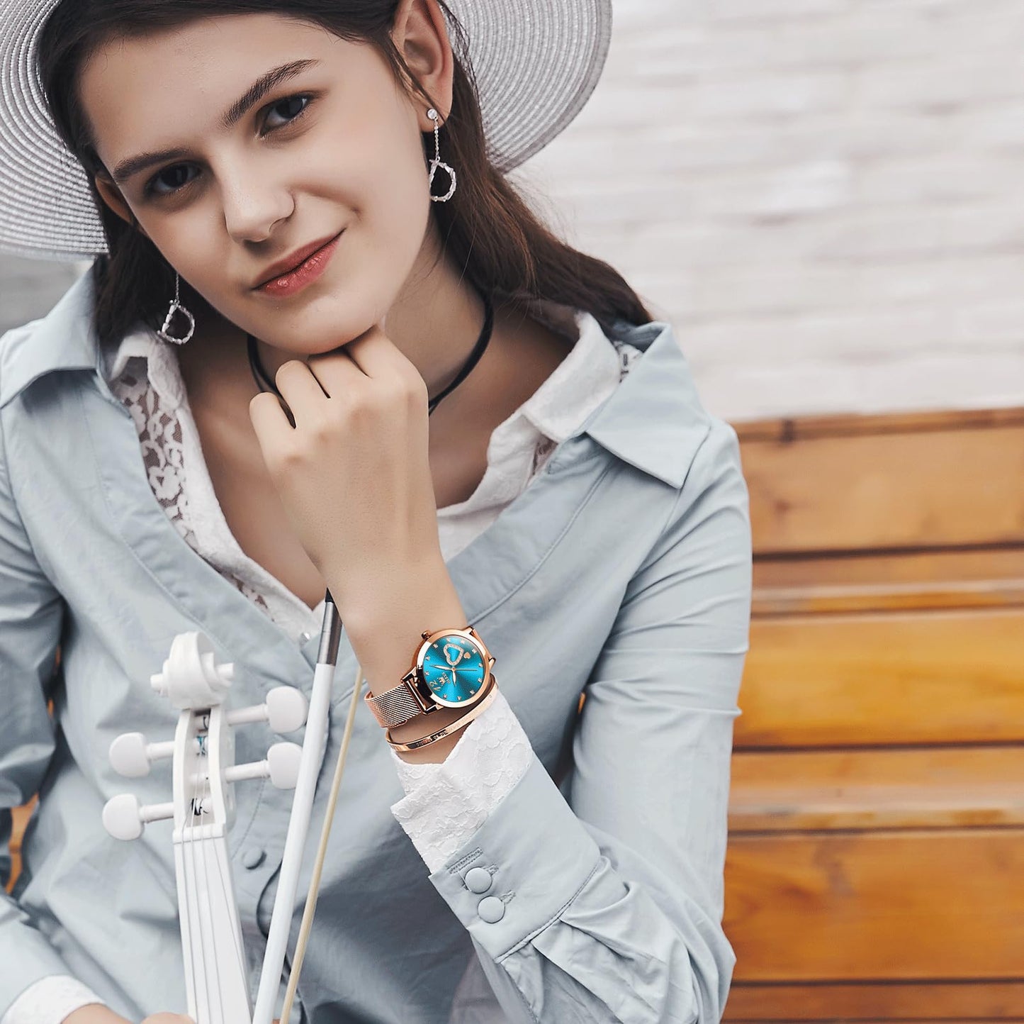 OLEVS Women's Small Wrist Rose Gold Tone Watch - Cute Diamond Heart Arabic Numerals Dial, Fashion Waterproof Mesh Bracelet Analog Dress for Ladies