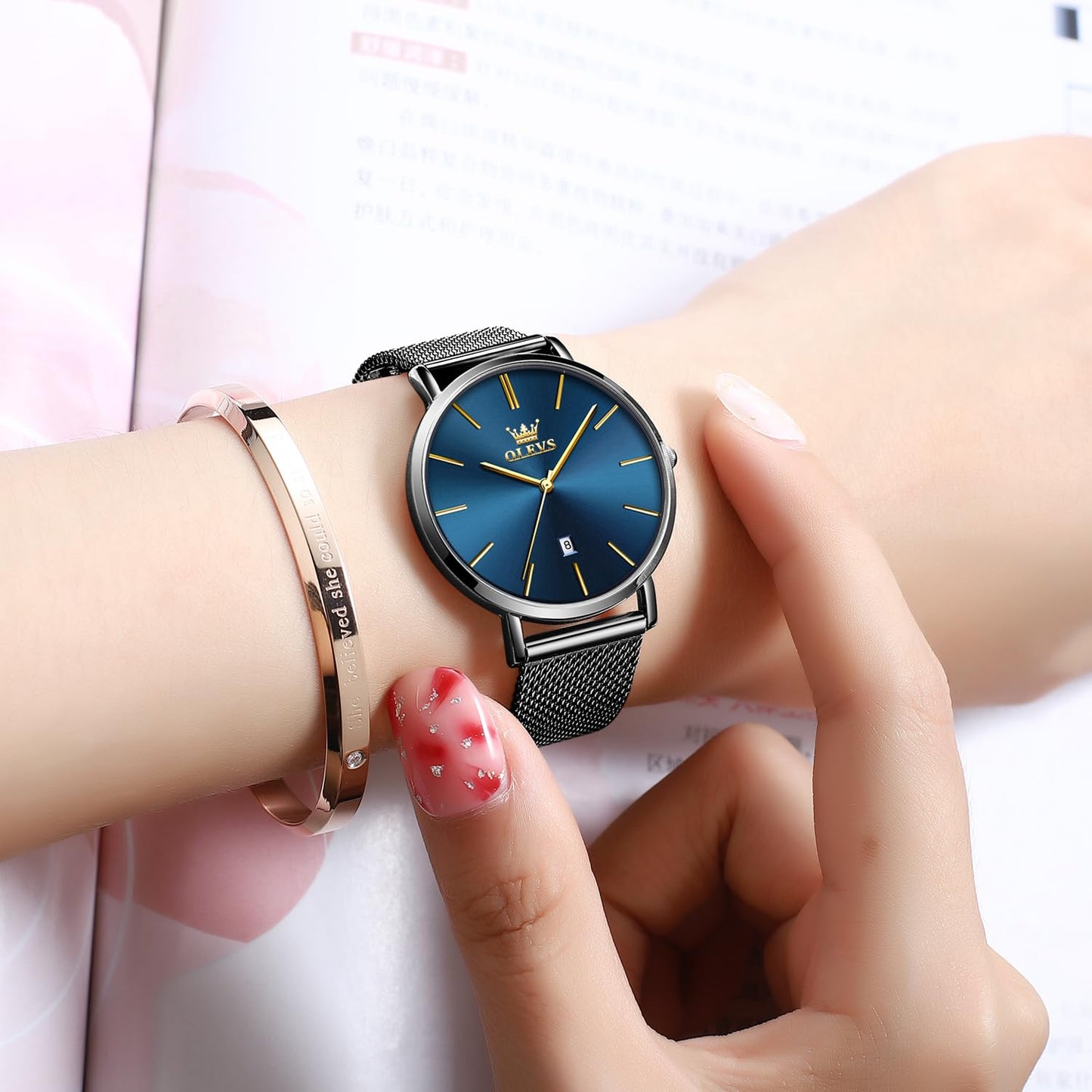 OLEVS Women's Watch Luxury Dress Rose Gold Women Slim Thin Lightweight Watch Stainless Steel Mesh Watches Fashion Waterproof Ladies Wrist Watch Black White Blue Face,Adjustable Bracelet