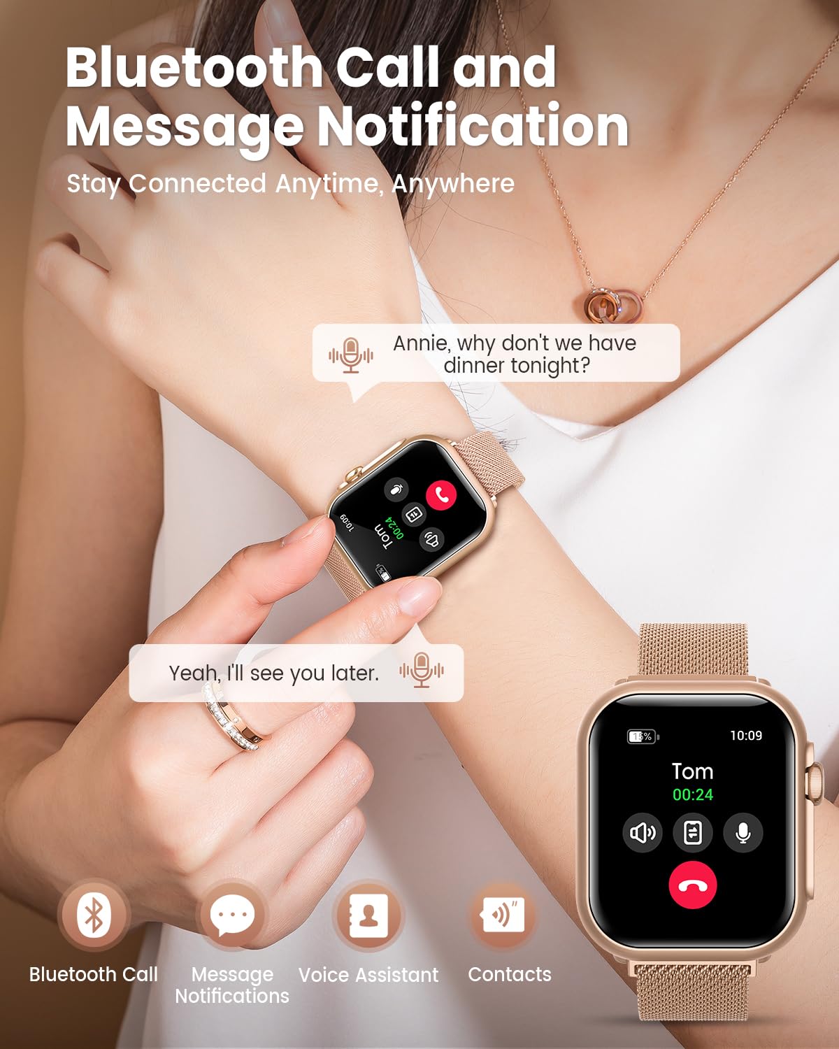 Smart Watch for Women for iPhone Android: 1.85"Smartwatch with Make/Answer Call Sleep Heart Rate SpO2 Blood Pressure Monitor IP68 Waterproof 120+Sport Mode Fitness Tracker 1000mAh Battery 2Bands Pink