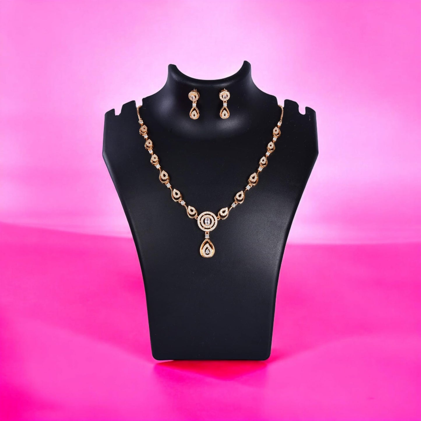 Nilu's Collection American Diamond Stone Studded | Rose Gold/Silver Plated | Anti Tarnish Jewellery Set for Women | Matching Earrings Perfect for Weddings and Special Occasions