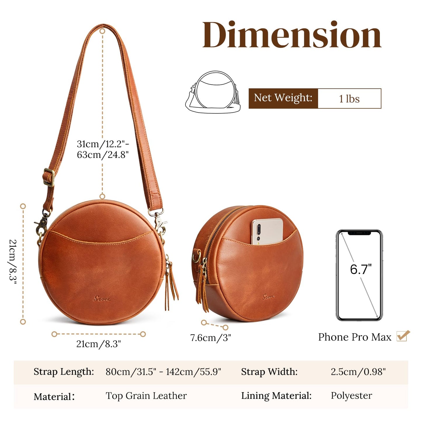 S-ZONE Leather Crossbody Bags for Women Circle Shoulder Round Purse Travel | Top Grain Leather, Keychain, Designer Handbag, Vintage, Multi Pockets, Detachable Strap, Eveyday Outing