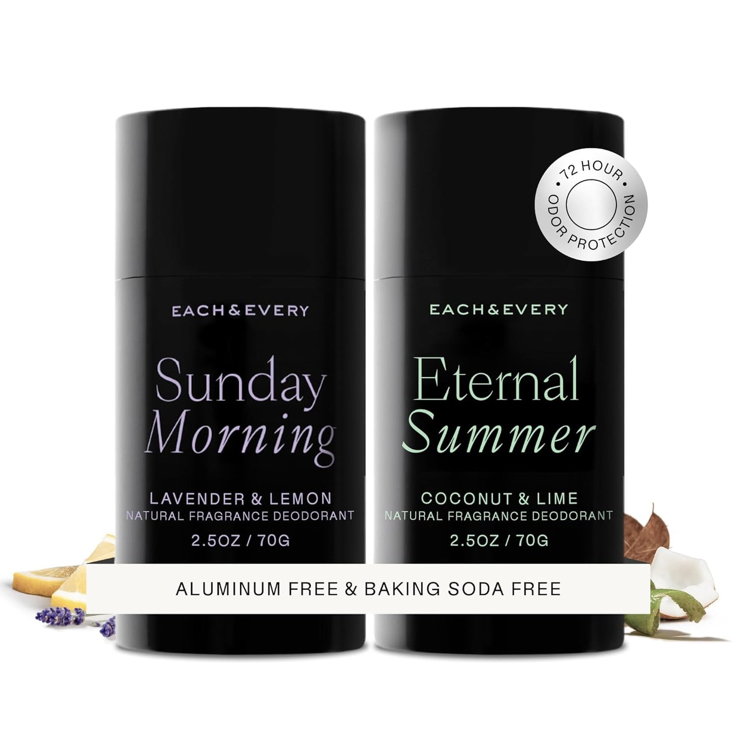 Each & Every Aluminum Free Deodorant for Women & Men – Natural Fragrance 72-Hr Odor Protection, Sensitive Skin, EWG Verified Baking Soda Free - Lavender & Lemon + Coconut & Lime 2 Pack, 2.5oz