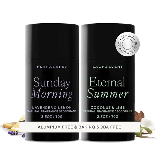 Each & Every Aluminum Free Deodorant for Women & Men – Natural Fragrance 72-Hr Odor Protection, Sensitive Skin, EWG Verified Baking Soda Free - Lavender & Lemon + Coconut & Lime 2 Pack, 2.5oz