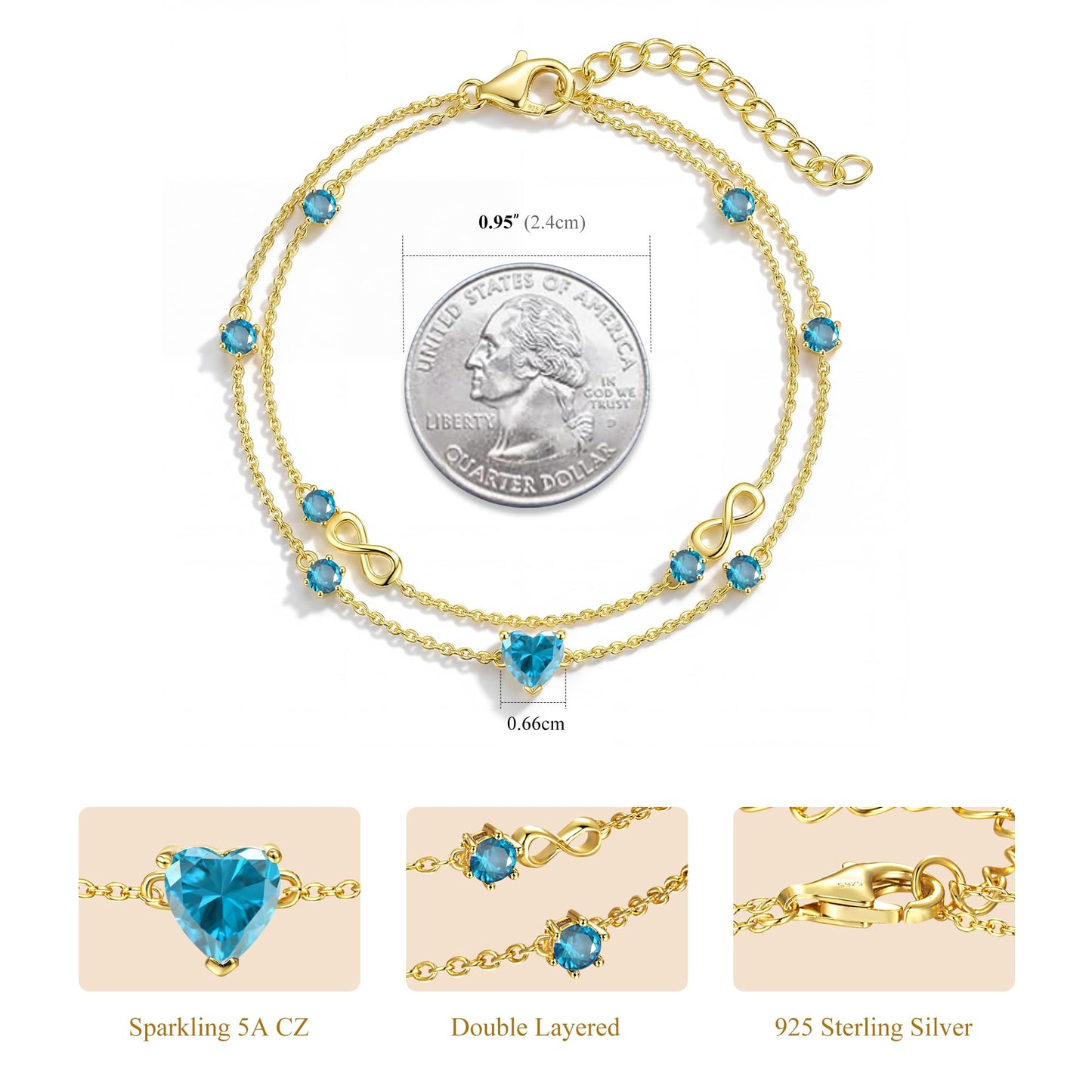 G&GEMSJEW Infinity Heart Birthstone Bracelets for Women, 925 Sterling Silver Women Charm Link Bracelet Adjustable, Birthday Anniversary Christmas Jewelry Gifts for Women Wife Mom Girlfriend Her