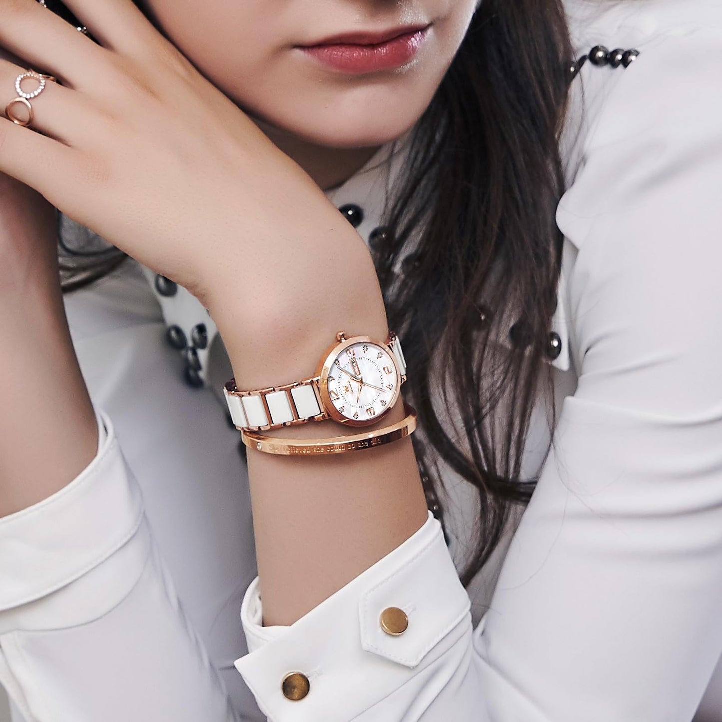 OLEVS Women's Watch Ceramic Band Waterproof Dress Watch Analog Quartz Watches Elegant Luxury Comfortable Wrist Watches with Date Day & Diamond White/Pink/Black Dial Gift for Her Reloj para Mujer