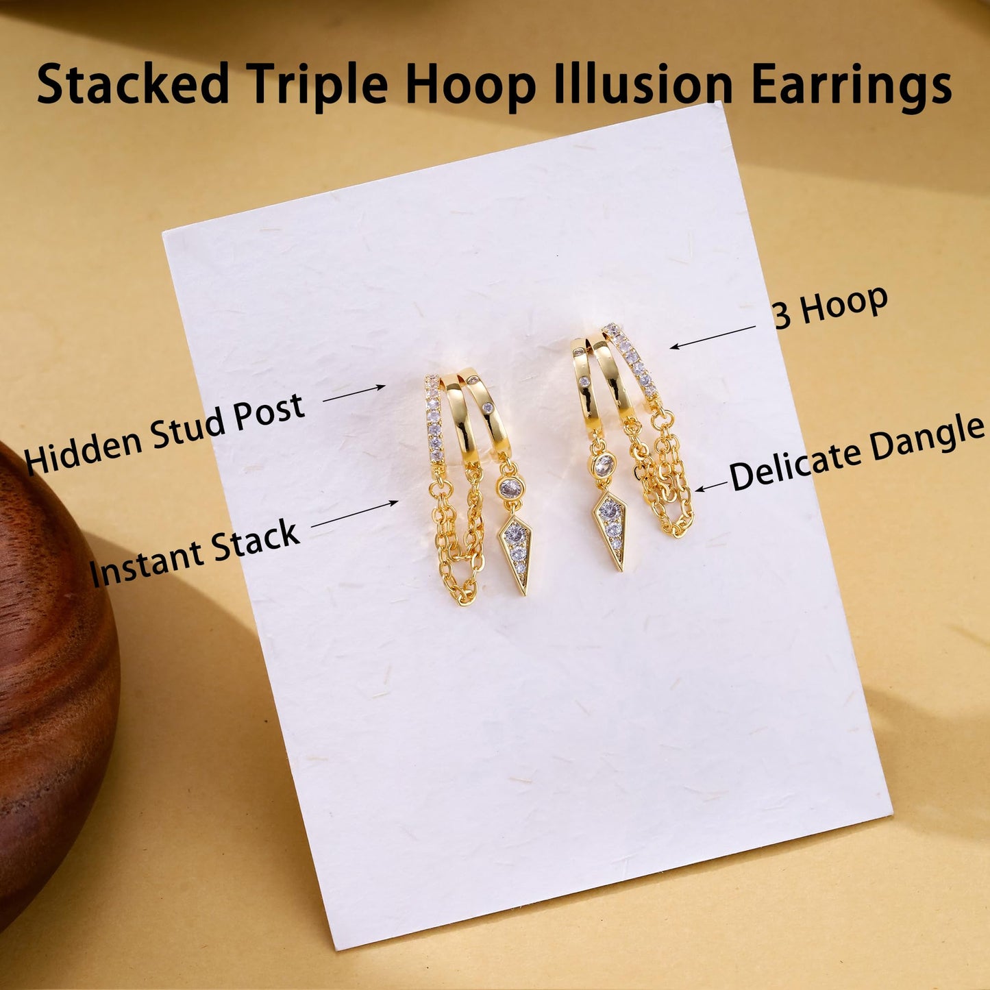 Gold Dangle Earrings for Women, 14k Gold Plated Stacked Triple Hoop Illusion Earrings Cubic Zirconia Huggie Earrings for Women Trendy