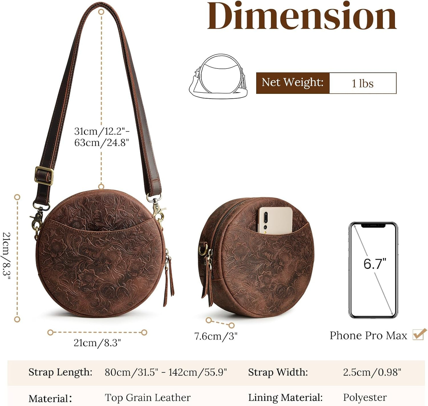 S-ZONE Leather Crossbody Bags for Women Circle Shoulder Round Purse Travel | Top Grain Leather, Keychain, Designer Handbag, Vintage, Multi Pockets, Detachable Strap, Eveyday Outing