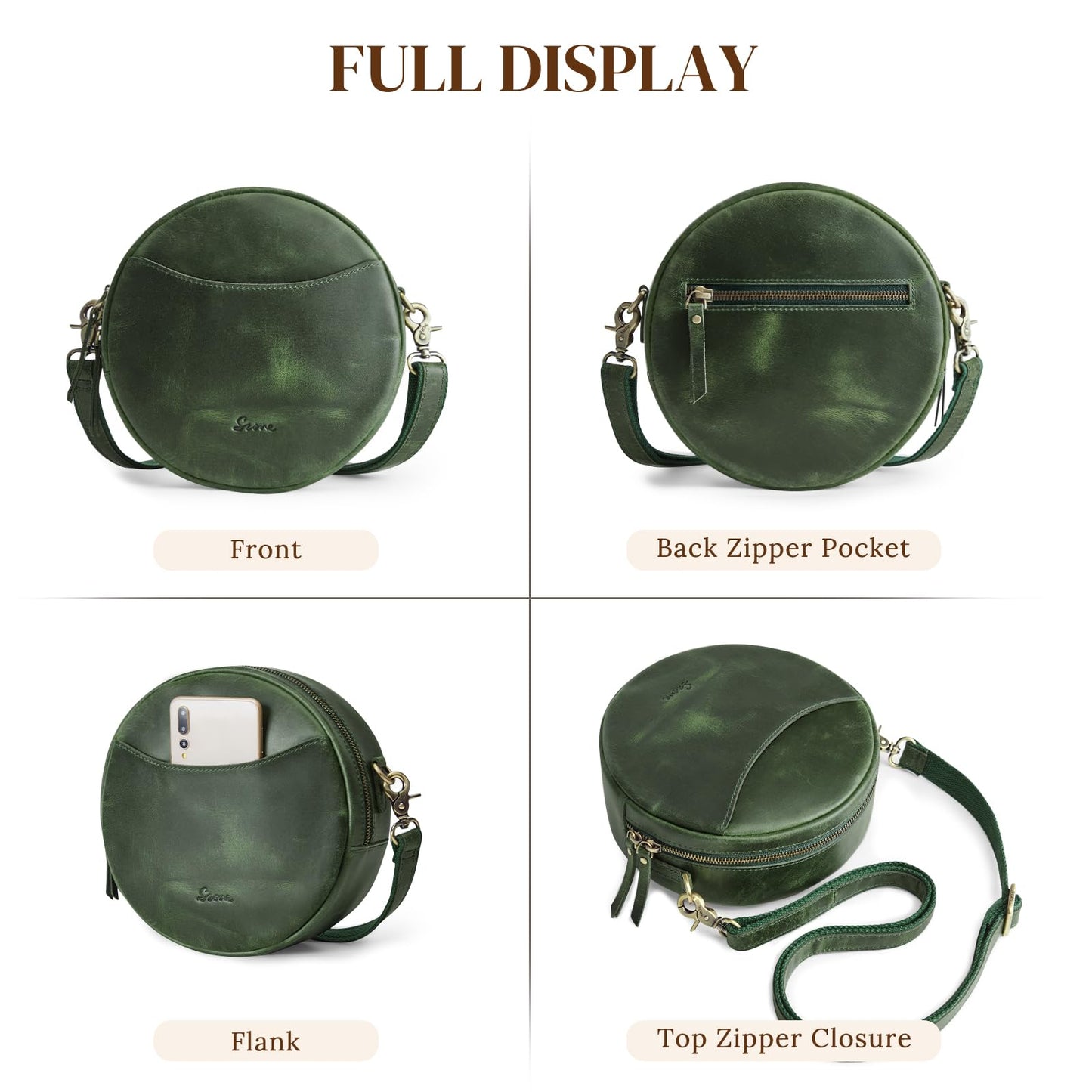 S-ZONE Leather Crossbody Bags for Women Circle Shoulder Round Purse Travel | Top Grain Leather, Keychain, Designer Handbag, Vintage, Multi Pockets, Detachable Strap, Eveyday Outing