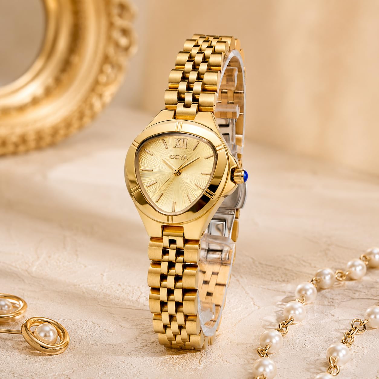 GeYa Vintage Gold Watches for Women Dainty Ladies Quartz Wristwatch,316L Stainless Steel Bracelet for Small Wrist,3ATM Waterproof,Triangle Shape,Birthday Gifts,with Tools,24.5mm