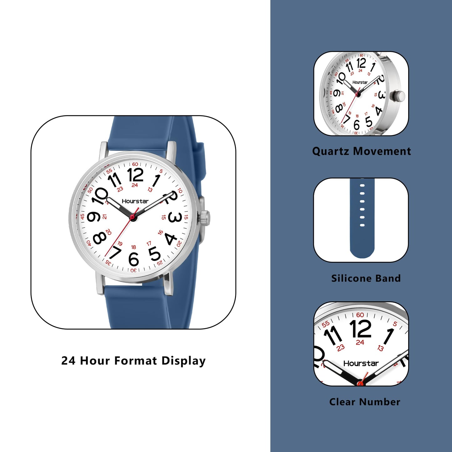 Women's Analog Nurse Watch with Second Hand for Nursing, 12/24 Time, Silicone Band, Easy Read