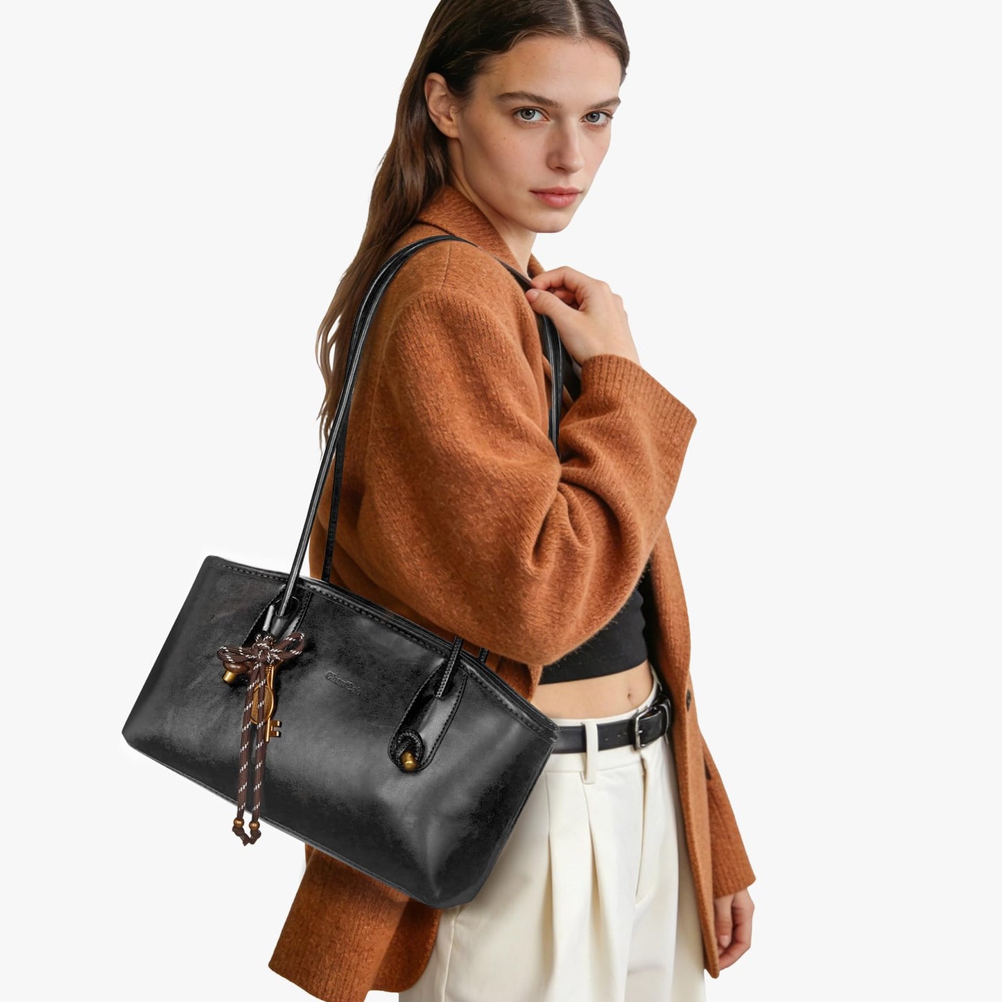 Shoulder Bag for Women Brown Purse Vintage Leather Shoulder Handbag Trendy Everyday Purse with Pendant