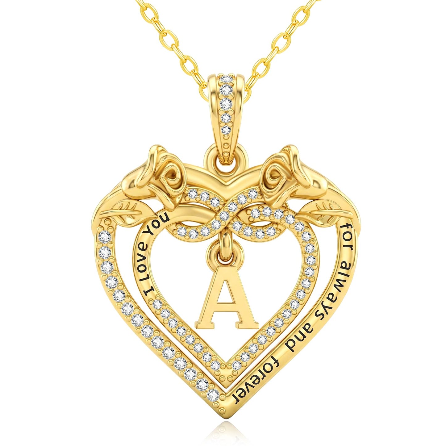 Uncle LOL Jewelry — 14K Gold Initial Letter Rose Heart Pendant Necklace for Women, Anniversary Birthday Jewelry Gifts for Wife Mom Grandma Sister Daughter, I Love You for Always And Forever