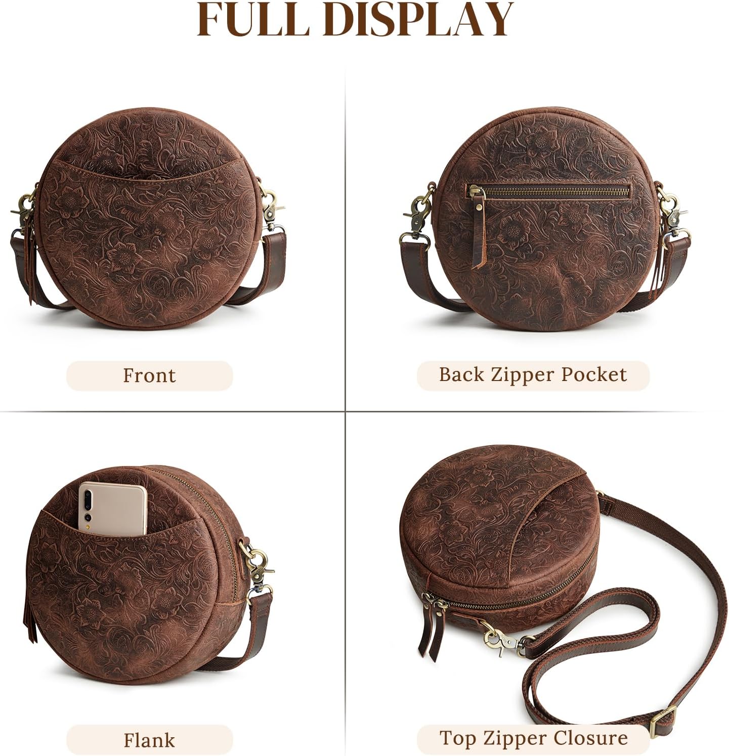 S-ZONE Leather Crossbody Bags for Women Circle Shoulder Round Purse Travel | Top Grain Leather, Keychain, Designer Handbag, Vintage, Multi Pockets, Detachable Strap, Eveyday Outing