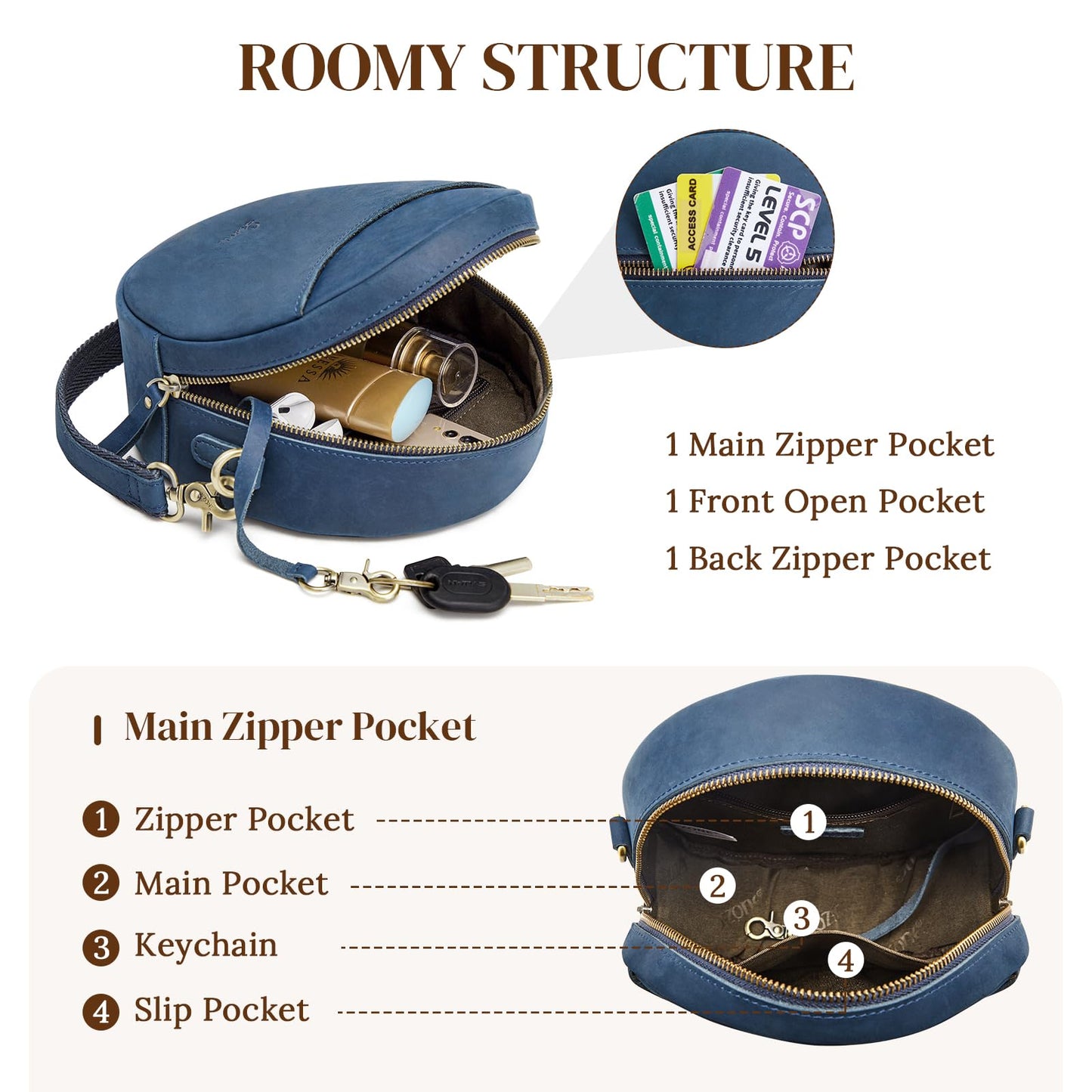 S-ZONE Leather Crossbody Bags for Women Circle Shoulder Round Purse Travel | Top Grain Leather, Keychain, Designer Handbag, Vintage, Multi Pockets, Detachable Strap, Eveyday Outing