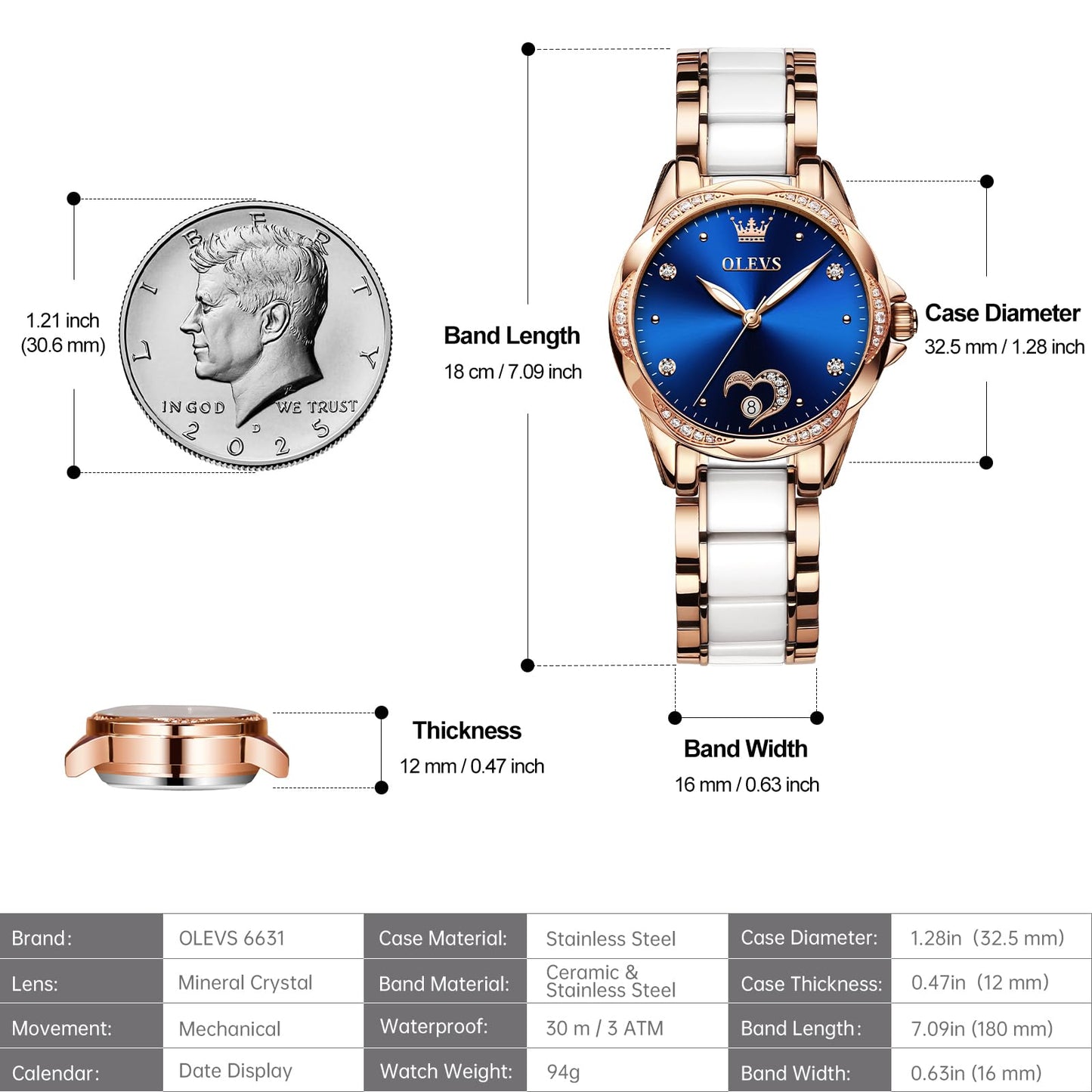 OLEVS Womens Automatic Watch, Premium Large Face Diamond Accented Self Winding Watches for Women, Fashion Waterproof Ladies Dress Watch, Two Tone Stainless Steel Ceramic Bracelet