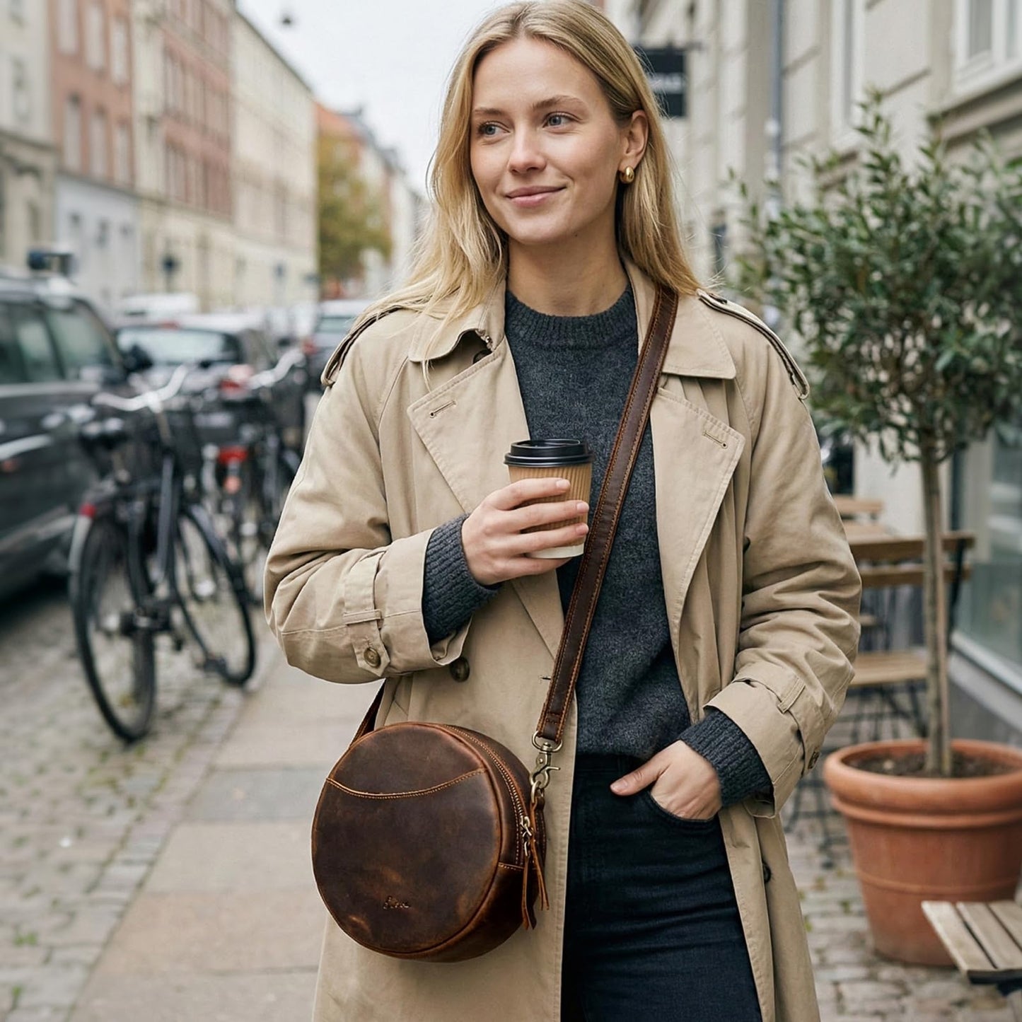 S-ZONE Leather Crossbody Bags for Women Circle Shoulder Round Purse Travel | Top Grain Leather, Keychain, Designer Handbag, Vintage, Multi Pockets, Detachable Strap, Eveyday Outing