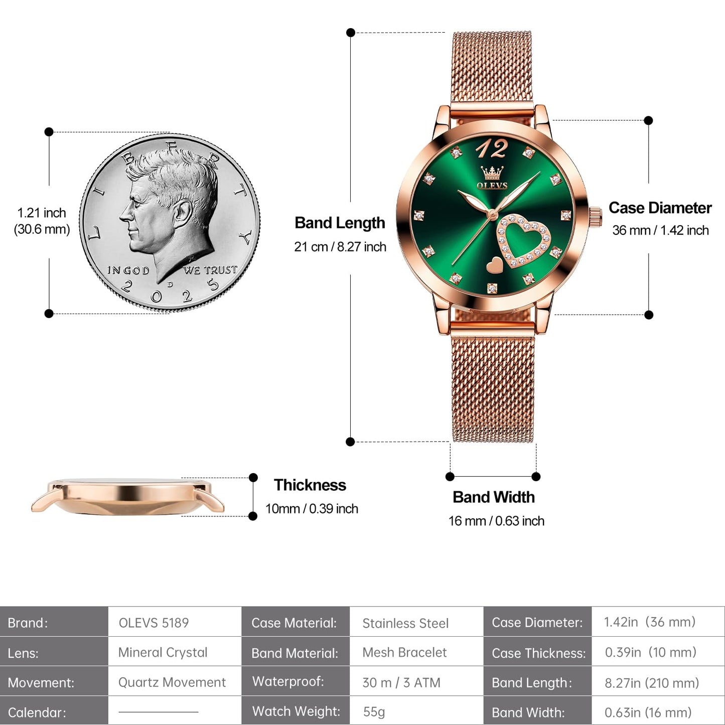 OLEVS Women's Small Wrist Rose Gold Tone Watch - Cute Diamond Heart Arabic Numerals Dial, Fashion Waterproof Mesh Bracelet Analog Dress for Ladies