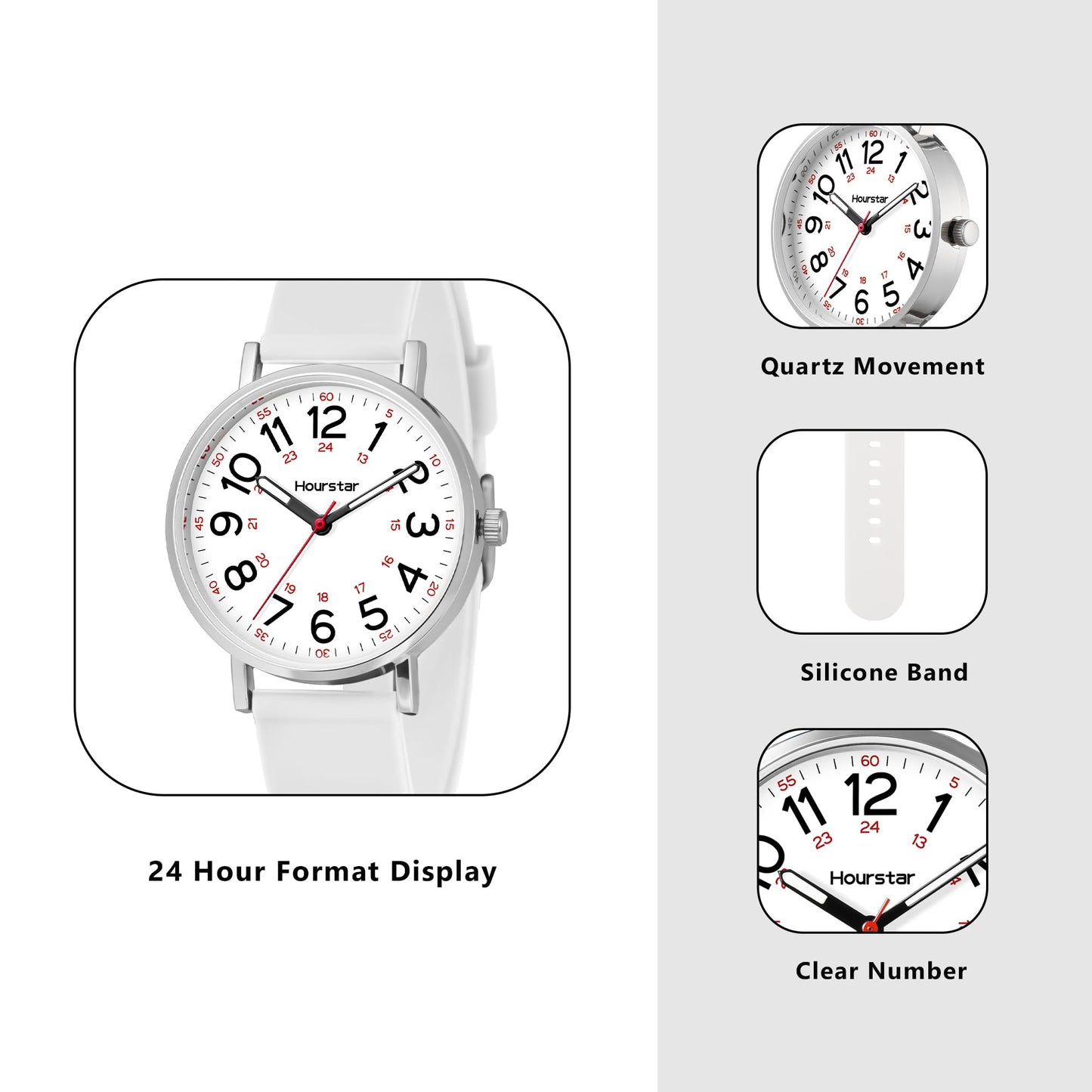 Women's Analog Nurse Watch with Second Hand for Nursing, 12/24 Time, Silicone Band, Easy Read