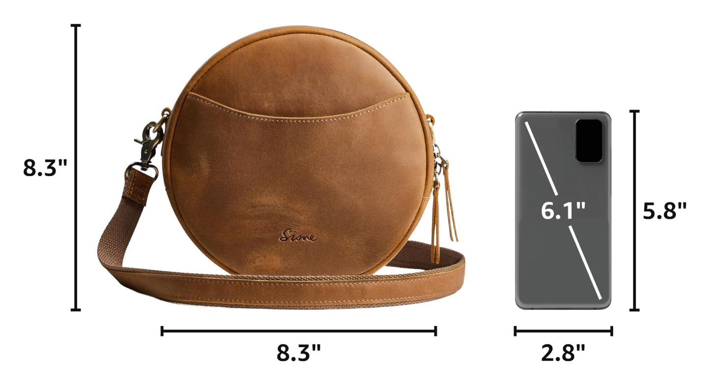 S-ZONE Leather Crossbody Bags for Women Circle Shoulder Round Purse Travel | Top Grain Leather, Keychain, Designer Handbag, Vintage, Multi Pockets, Detachable Strap, Eveyday Outing