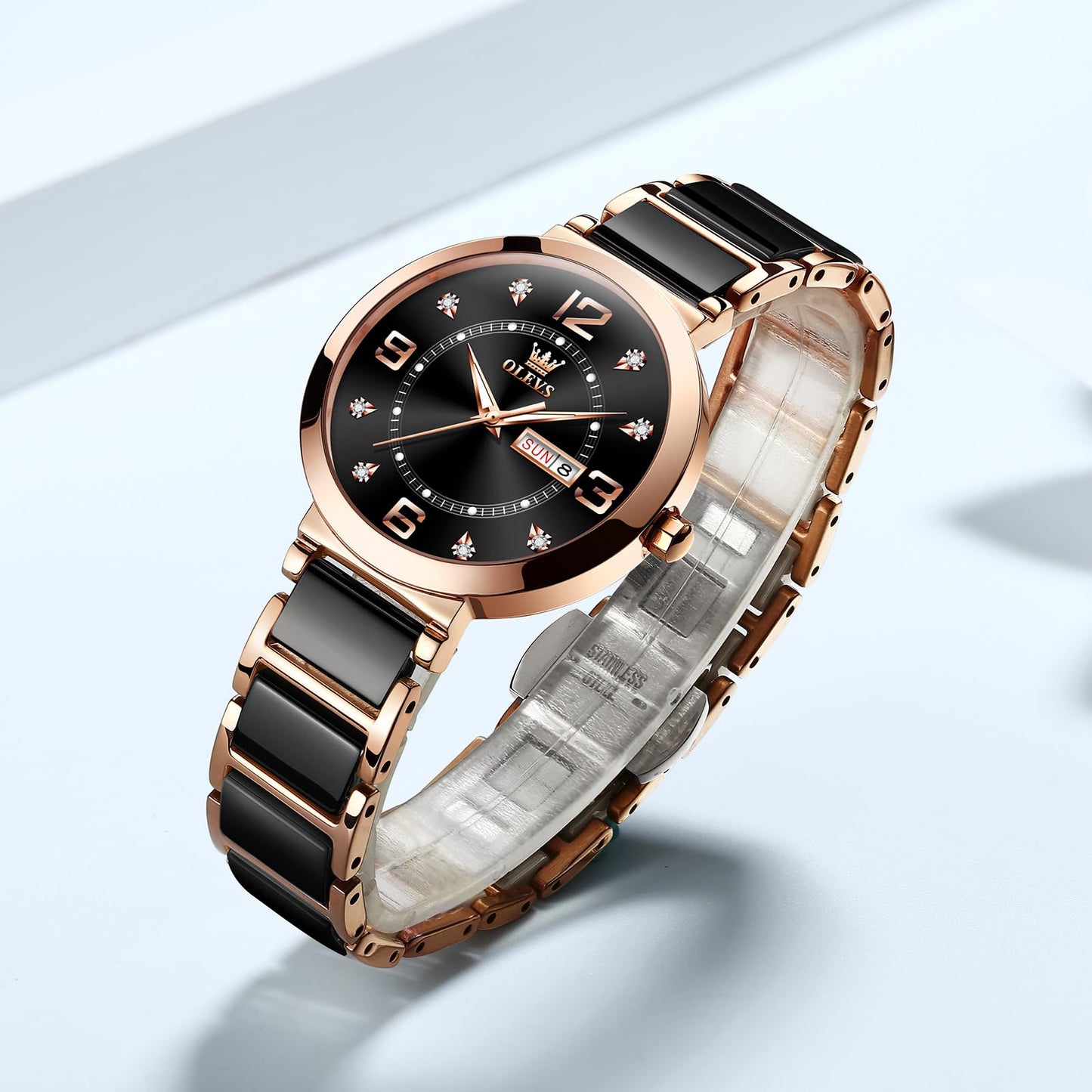 OLEVS Women's Watch Ceramic Band Waterproof Dress Watch Analog Quartz Watches Elegant Luxury Comfortable Wrist Watches with Date Day & Diamond White/Pink/Black Dial Gift for Her Reloj para Mujer
