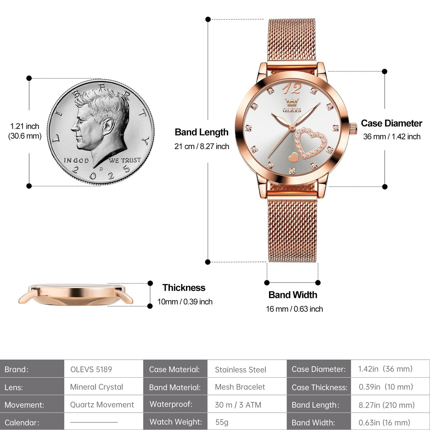 OLEVS Women's Small Wrist Rose Gold Tone Watch - Cute Diamond Heart Arabic Numerals Dial, Fashion Waterproof Mesh Bracelet Analog Dress for Ladies