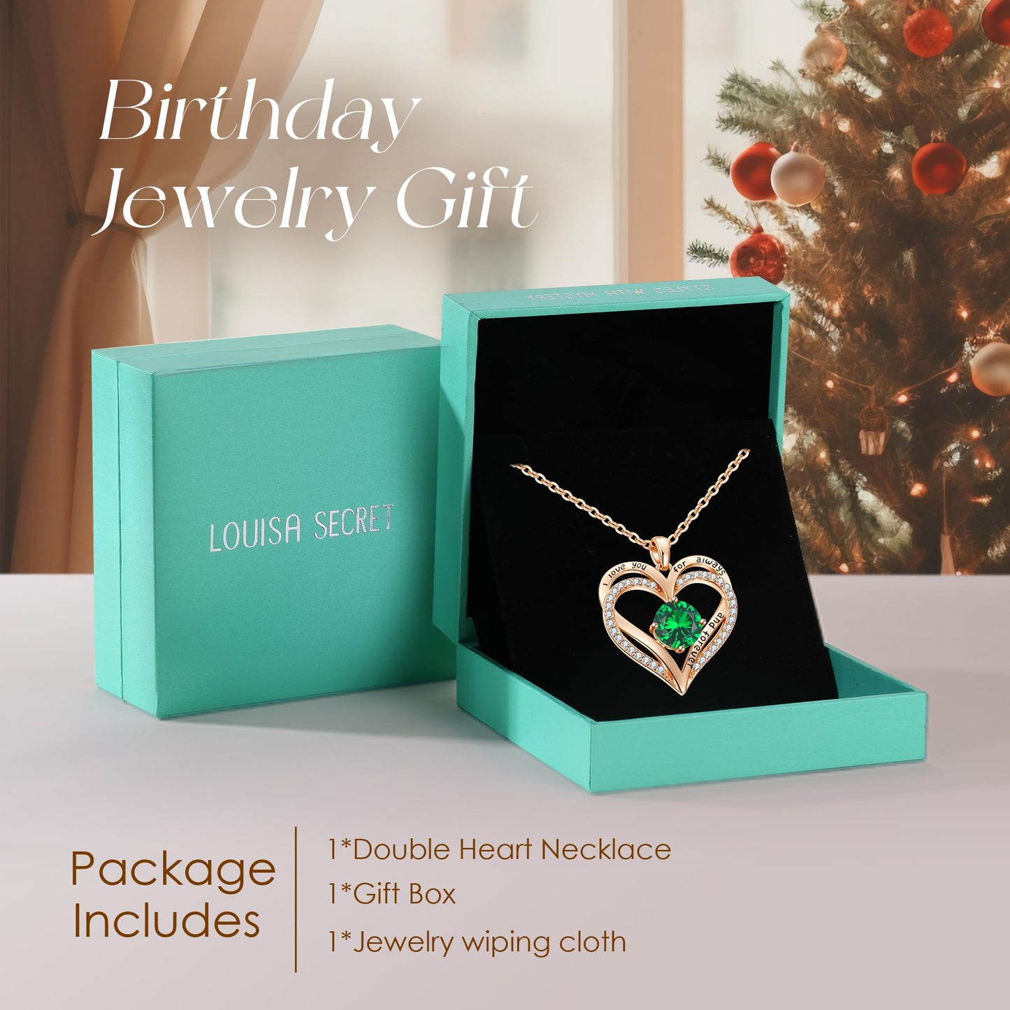 LOUISA SECRET Double Love Heart Birthstone Necklaces for Women, Birthday Gift for Girlfriend, Anniversary Jewelry Gift for Her, 925 Sterling Silver Jewelry Christmas Anniversary Birthday Present Gifts for Wife Girlfriend Mom Grandma Daughter