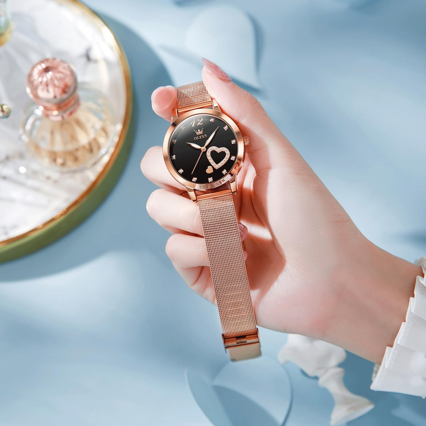 OLEVS Women's Small Wrist Rose Gold Tone Watch - Cute Diamond Heart Arabic Numerals Dial, Fashion Waterproof Mesh Bracelet Analog Dress for Ladies
