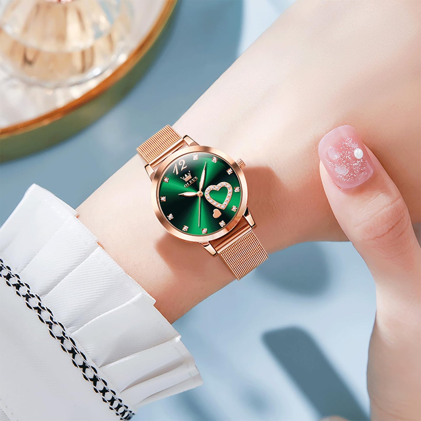 OLEVS Women's Small Wrist Rose Gold Tone Watch - Cute Diamond Heart Arabic Numerals Dial, Fashion Waterproof Mesh Bracelet Analog Dress for Ladies