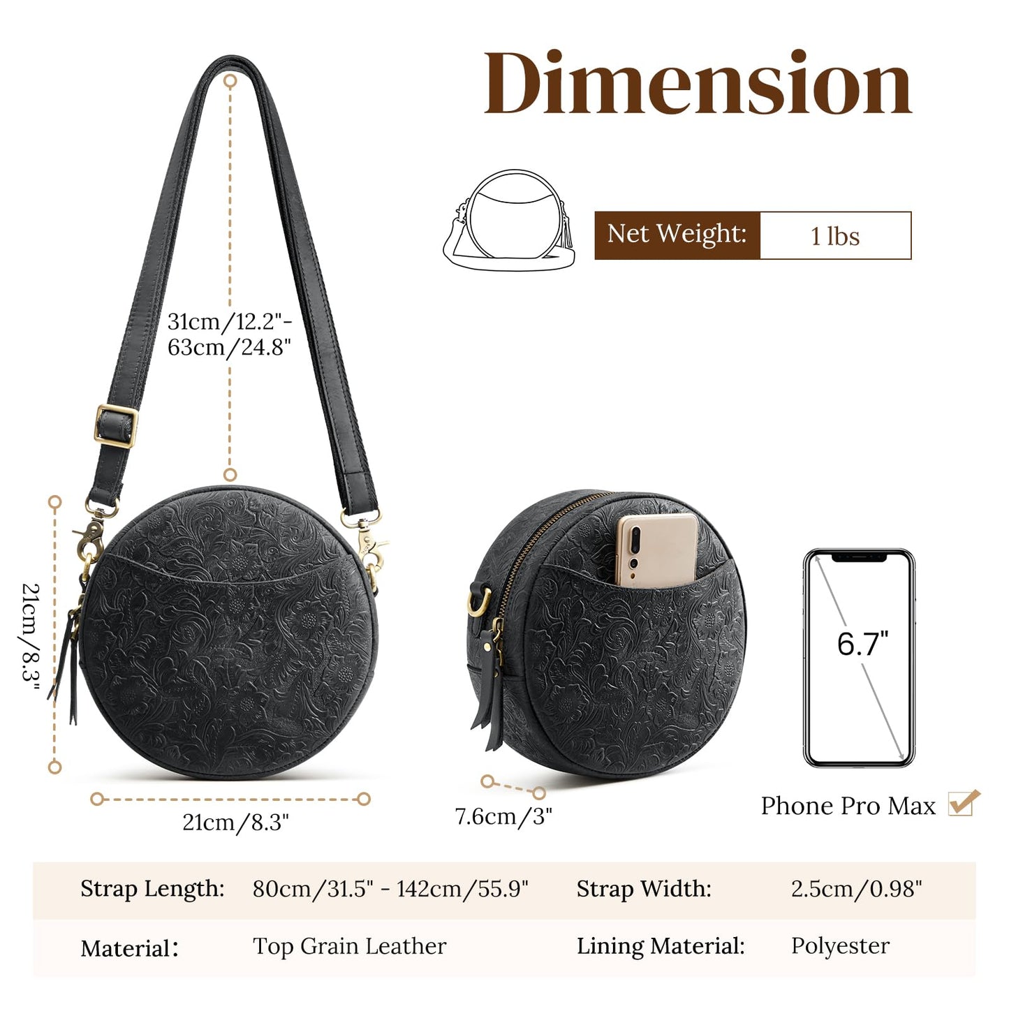S-ZONE Leather Crossbody Bags for Women Circle Shoulder Round Purse Travel | Top Grain Leather, Keychain, Designer Handbag, Vintage, Multi Pockets, Detachable Strap, Eveyday Outing