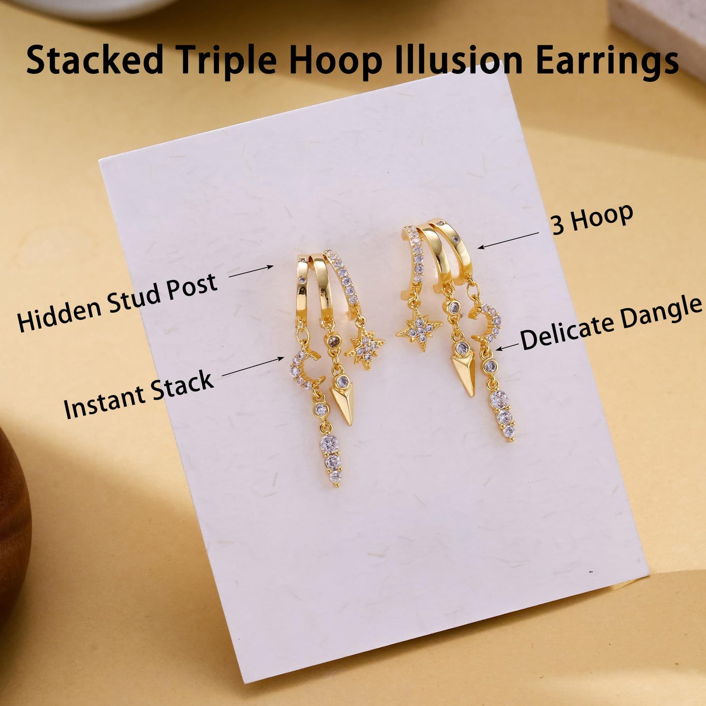 Gold Dangle Earrings for Women, 14k Gold Plated Stacked Triple Hoop Illusion Earrings Cubic Zirconia Huggie Earrings for Women Trendy