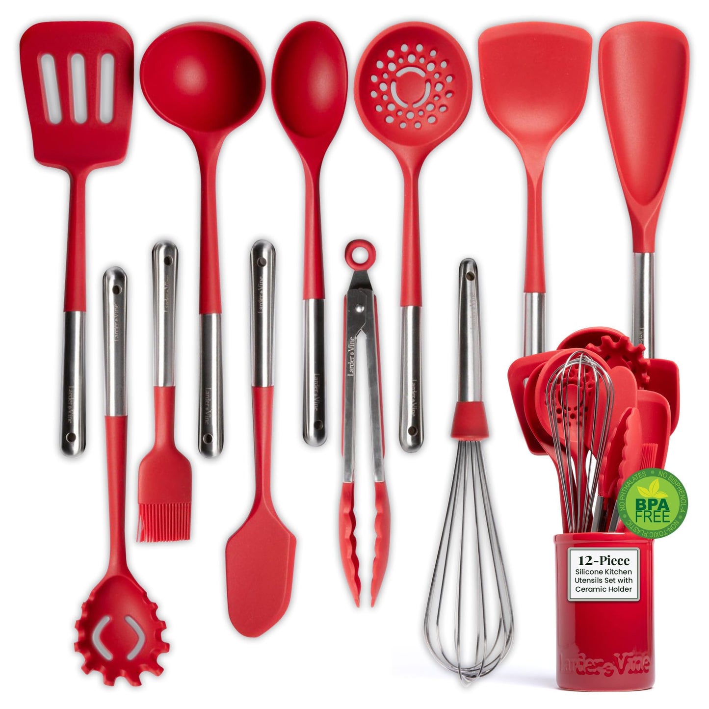 12pc Silicone Kitchen Utensils with Stainless Steel handles and Ceramic holder