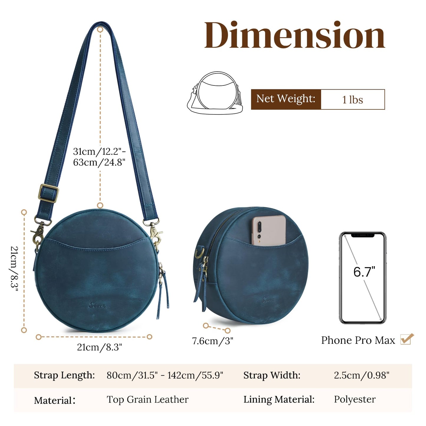 S-ZONE Leather Crossbody Bags for Women Circle Shoulder Round Purse Travel | Top Grain Leather, Keychain, Designer Handbag, Vintage, Multi Pockets, Detachable Strap, Eveyday Outing