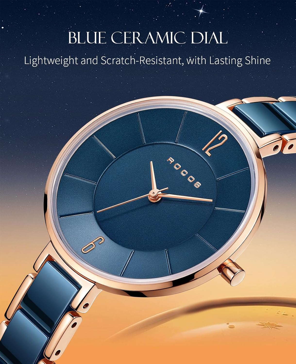 ROCOSJEWE Women’s Ceramic Quartz Analog Watch, Blue Dial with Rose Gold Accent, Ultra-Thin Design, Butterfly Clasp, 30M Waterproof Watches for Women