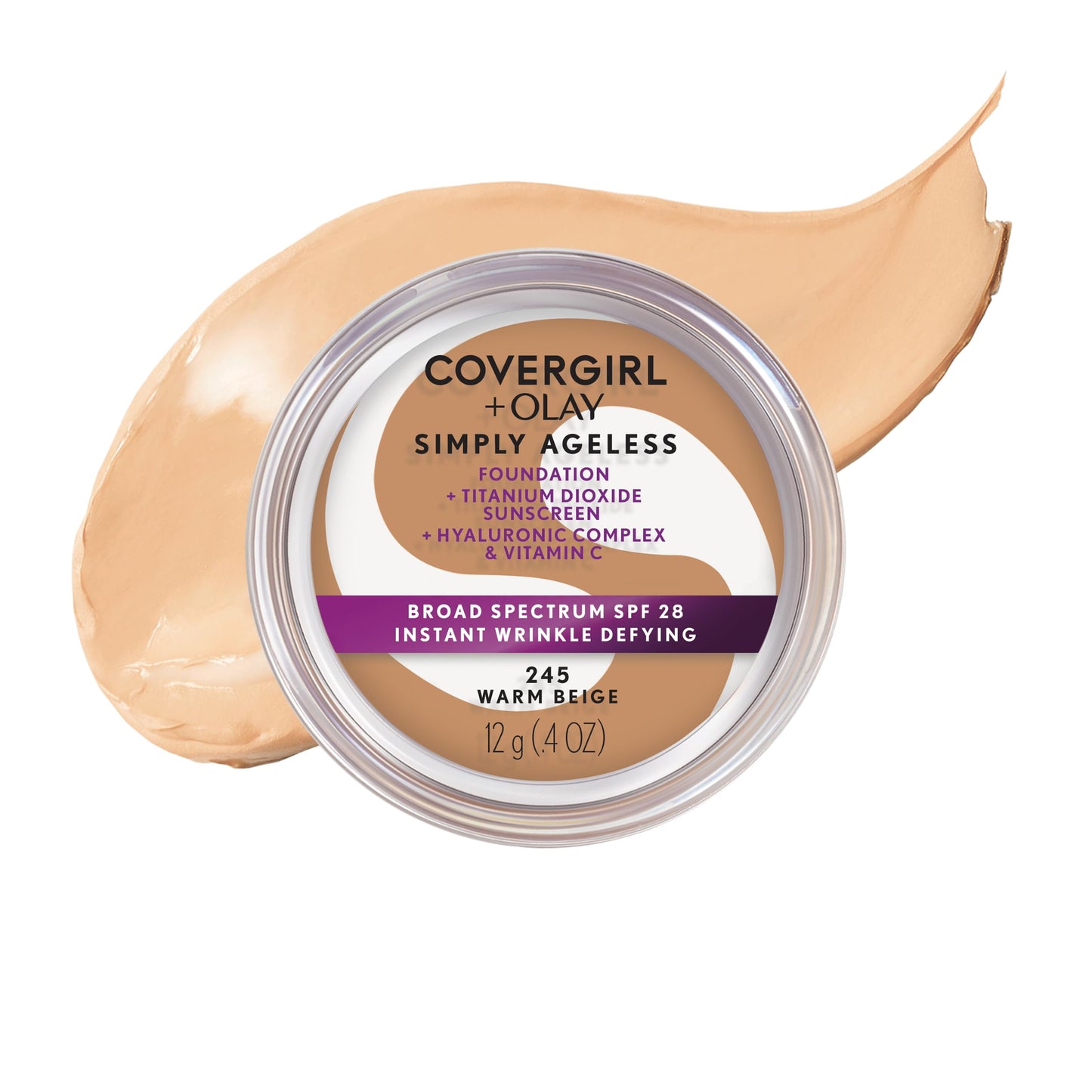 COVERGIRL Simply Ageless Instant Wrinkle Defying Foundation, SPF 28, Hyaluronic Complex & Vitamin C - 250 Creamy Beige, Pack of 1