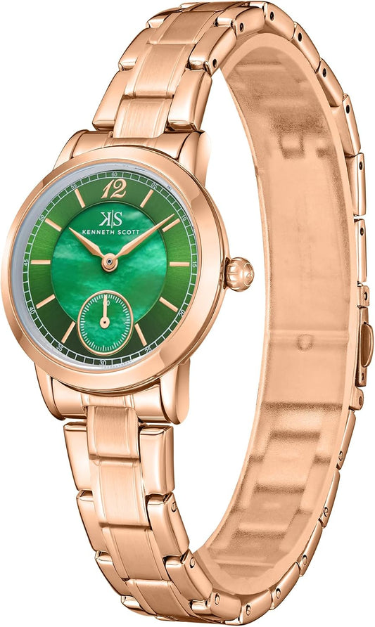 Kenneth Scott Women's Analog Watch 29mm Green Dial Rose Gold Stainless Steel