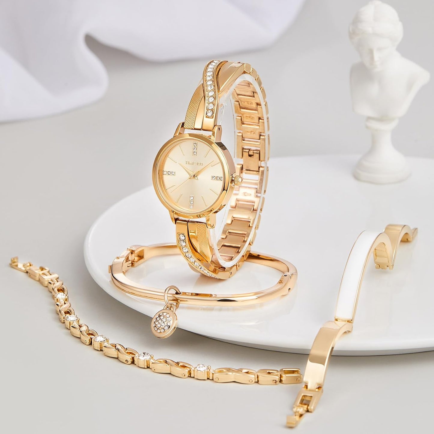 TIME100 Women's Bangle Watch and Gold Watch Chain Bracelets Premium Crystal Accented Bracelet Set W50888L