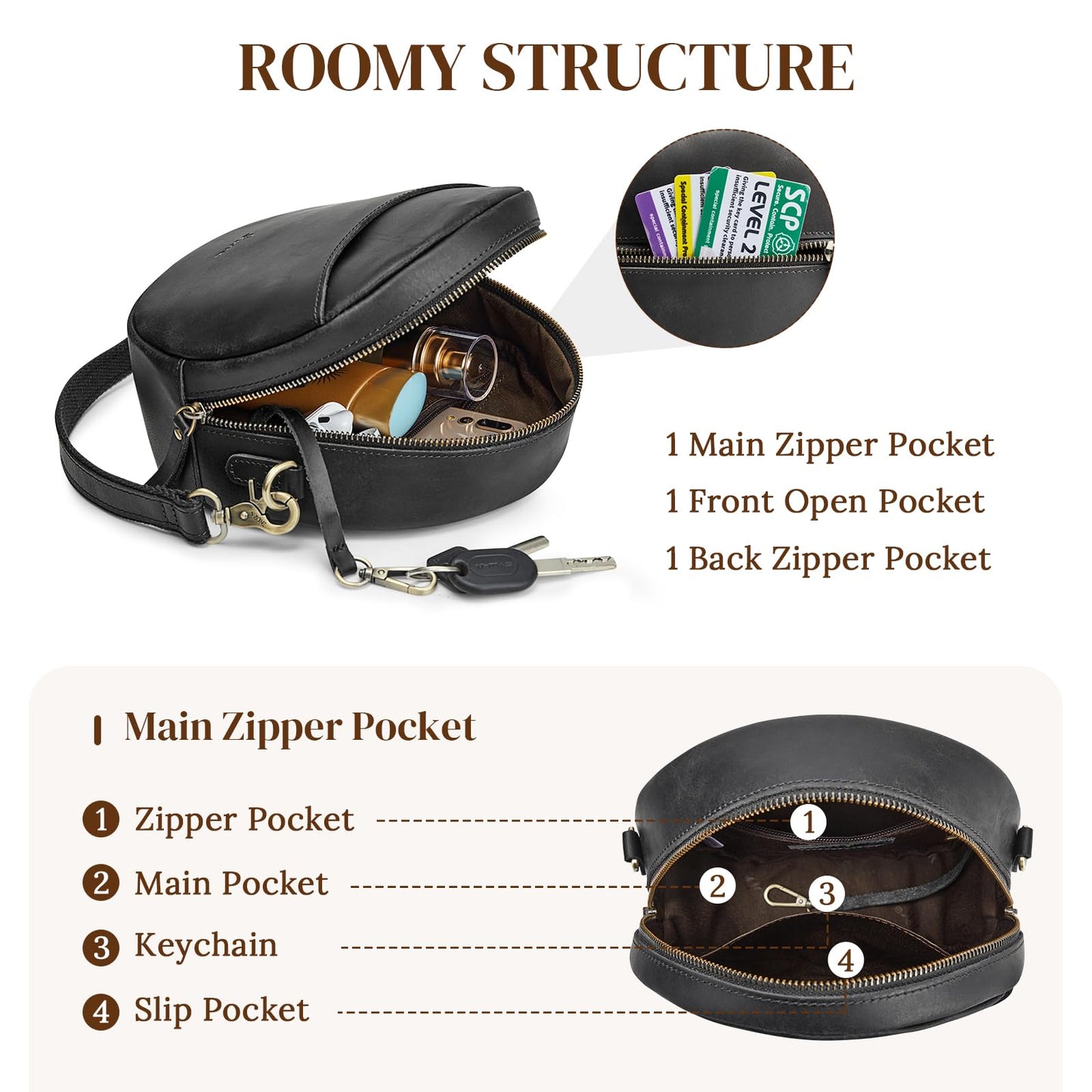 S-ZONE Leather Crossbody Bags for Women Circle Shoulder Round Purse Travel | Top Grain Leather, Keychain, Designer Handbag, Vintage, Multi Pockets, Detachable Strap, Eveyday Outing