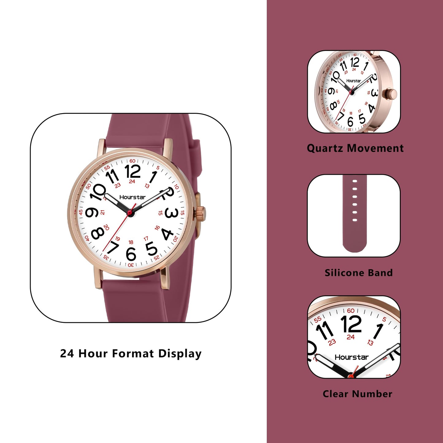 Women's Analog Nurse Watch with Second Hand for Nursing, 12/24 Time, Silicone Band, Easy Read