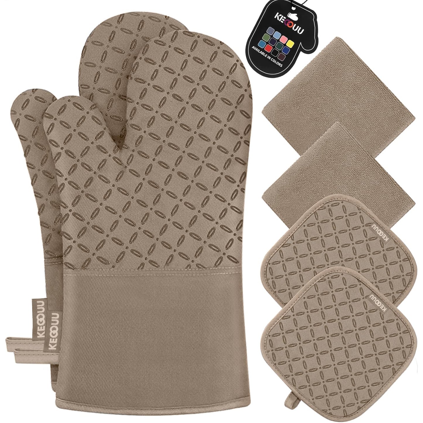 KEGOUU Oven Mitts and Pot Holders 6pcs Set, Kitchen Oven Glove High Heat Resistant 500 Degree Extra Long Oven Mitts and Potholder with Non-Slip Silicone Surface for Cooking (Gray)