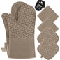 KEGOUU Oven Mitts and Pot Holders 6pcs Set, Kitchen Oven Glove High Heat Resistant 500 Degree Extra Long Oven Mitts and Potholder with Non-Slip Silicone Surface for Cooking (Gray)