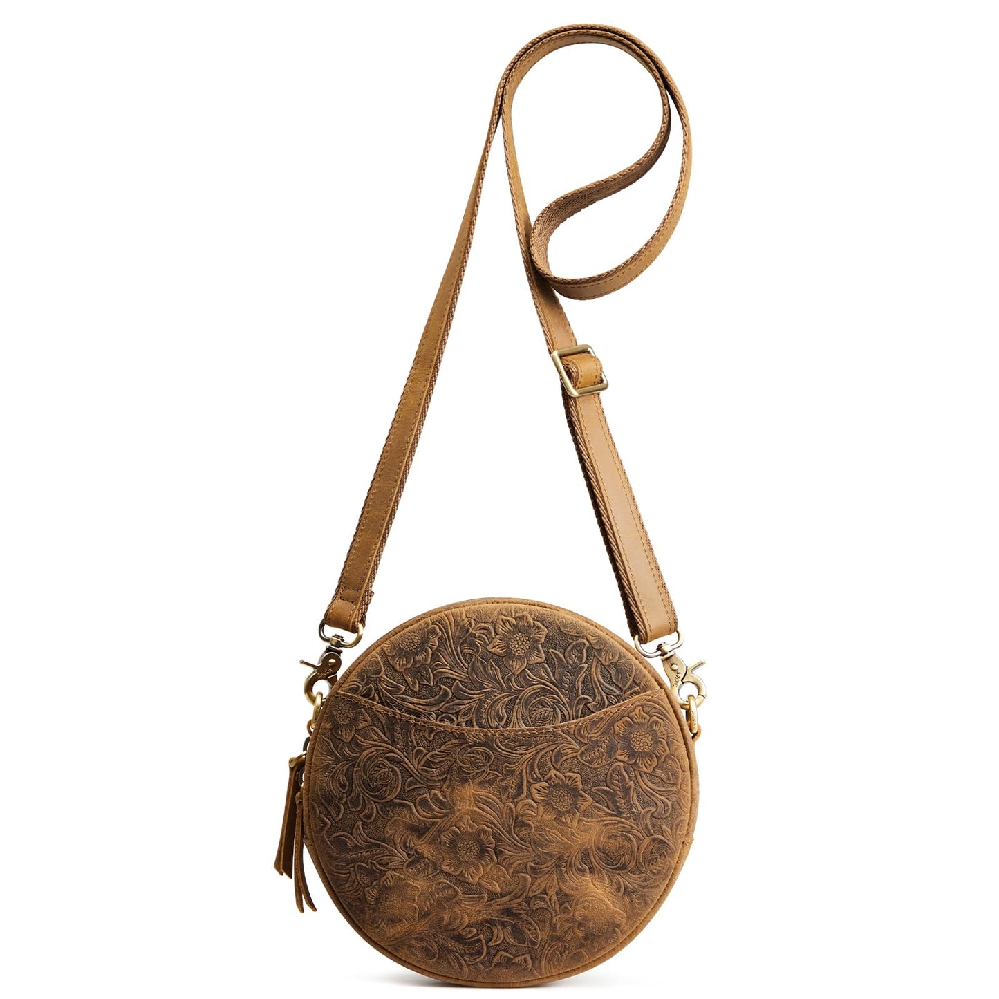 S-ZONE Leather Crossbody Bags for Women Circle Shoulder Round Purse Travel | Top Grain Leather, Keychain, Designer Handbag, Vintage, Multi Pockets, Detachable Strap, Eveyday Outing