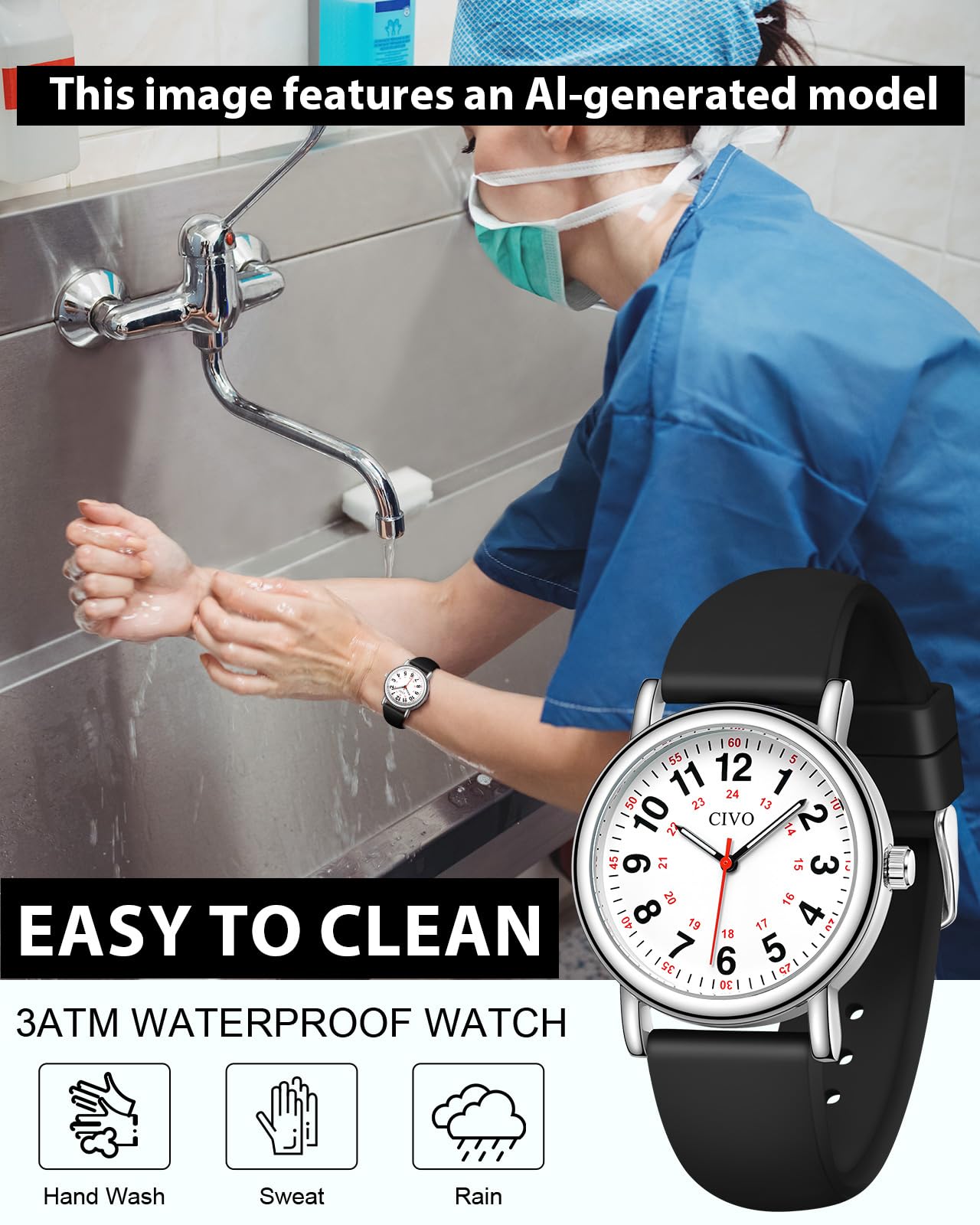 CIVO Nurse Watches for Women Men: Analog Waterproof Watch with Easy Read Dial Second Hand - Gifts for Nurses Medical Student Doctors