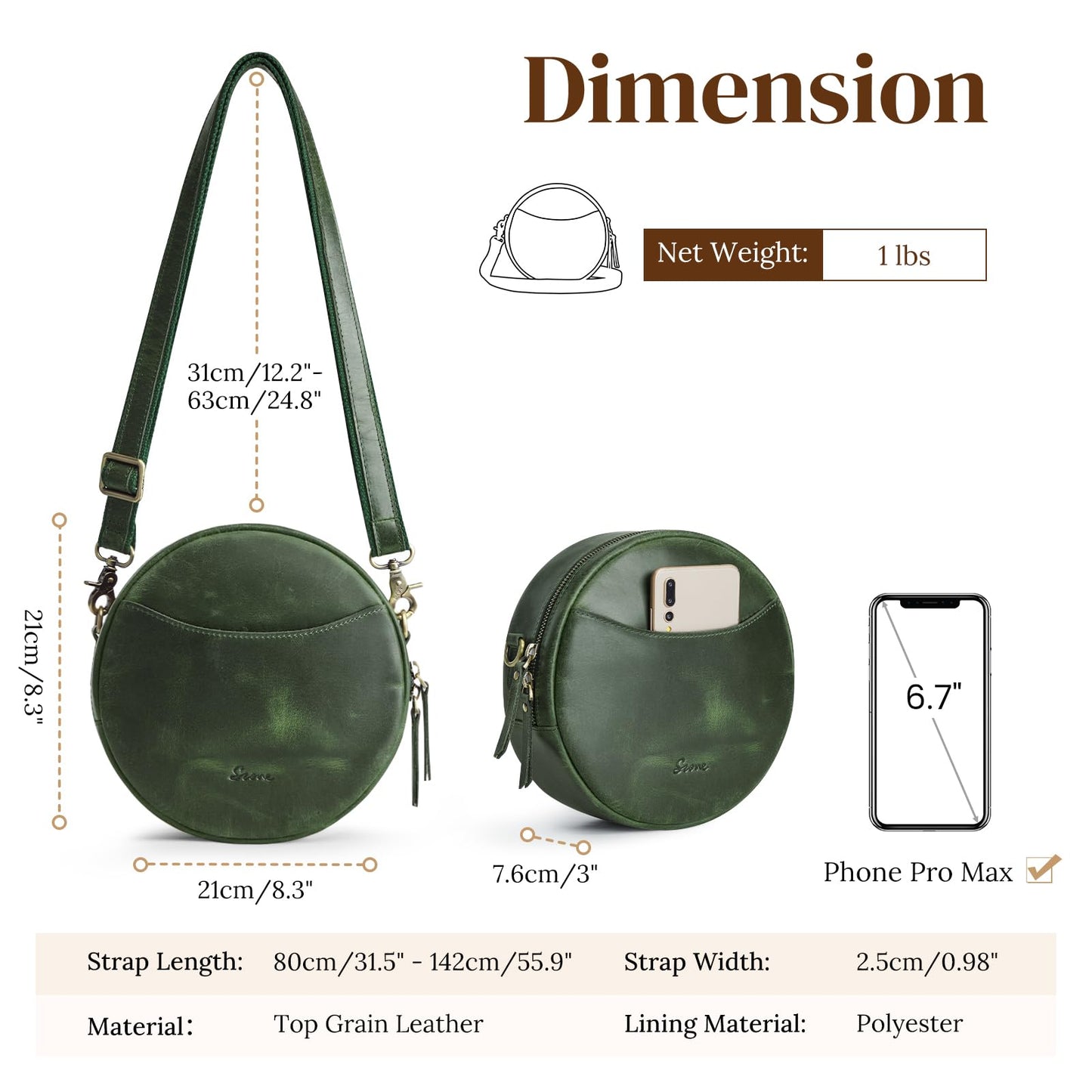 S-ZONE Leather Crossbody Bags for Women Circle Shoulder Round Purse Travel | Top Grain Leather, Keychain, Designer Handbag, Vintage, Multi Pockets, Detachable Strap, Eveyday Outing