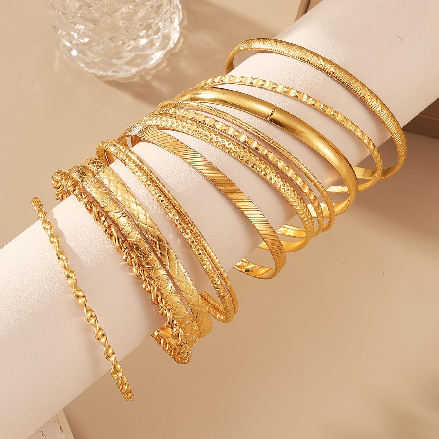 17IF Gold Bangle Bracelet For Women, 14k Multilayer Charm Textured Stackable Bracelets Boho Indian Chunky Cuff Fashion Jewelry Gift