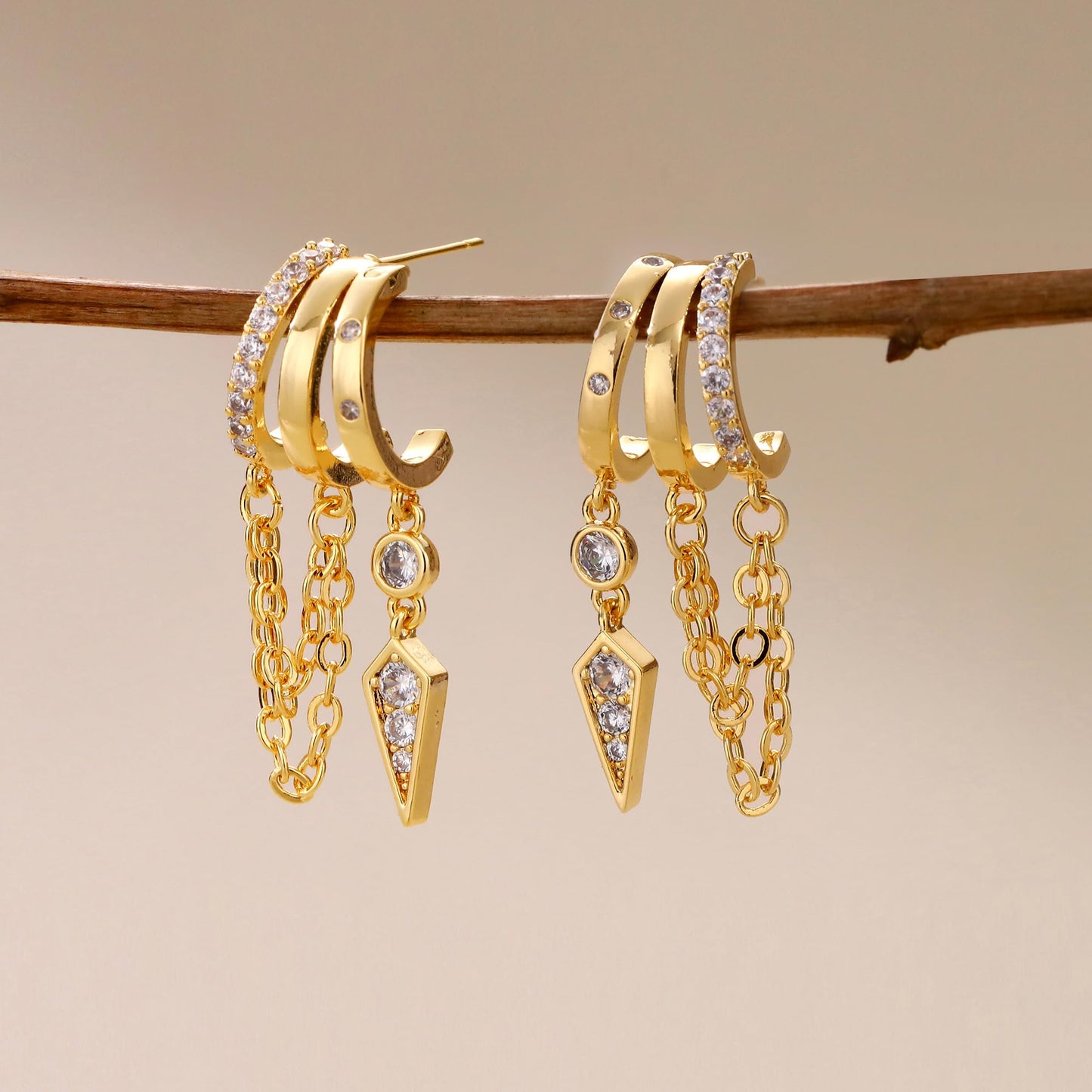 Gold Dangle Earrings for Women, 14k Gold Plated Stacked Triple Hoop Illusion Earrings Cubic Zirconia Huggie Earrings for Women Trendy