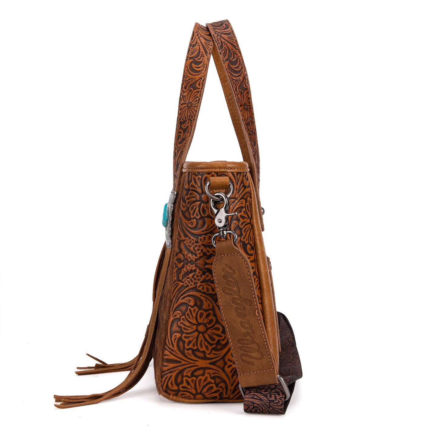 Montana West Wrangler Cowhide Tote Bag for Women Western Tooling Handbag Leather Fringing with Turquoise Stone Concho
