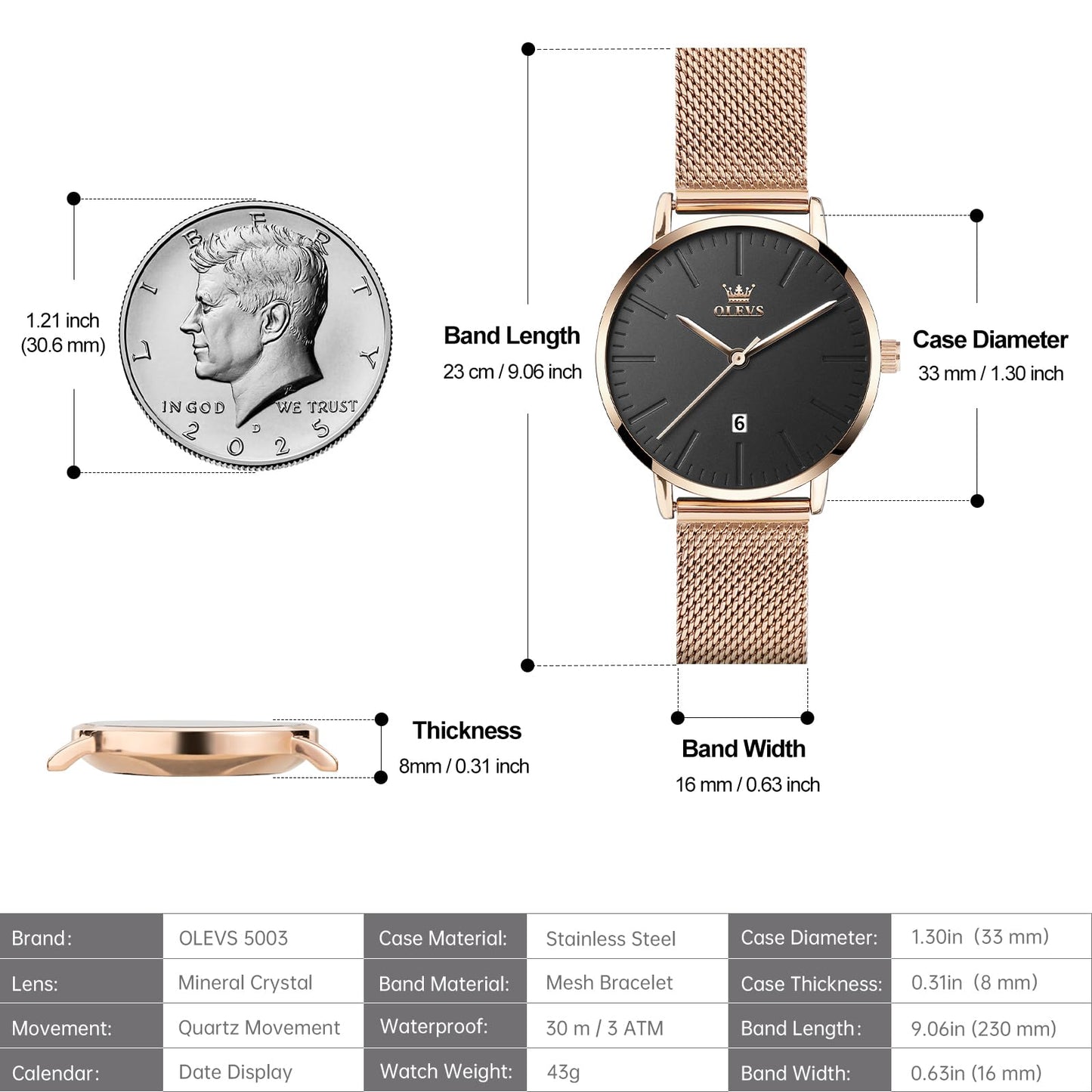 OLEVS Women's Mesh Bracelet Watch, Elegant Large Face Three Hand Analog Quartz Womens Wristwatch, Pretty Slim Date Display Waterproof Ladies Watches for Small Wrists